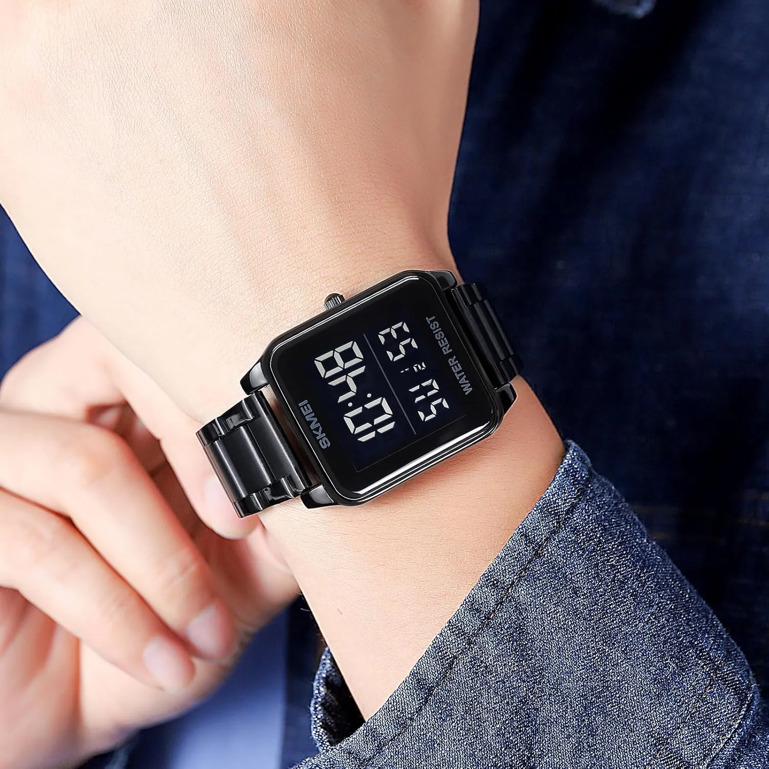 FANMIS Men's Electronic Square Digital Sports Watch Multifunctional Sports Waterproof Watch Classics Business Dress Watch LED Backlight Stainless Steel Student Watch