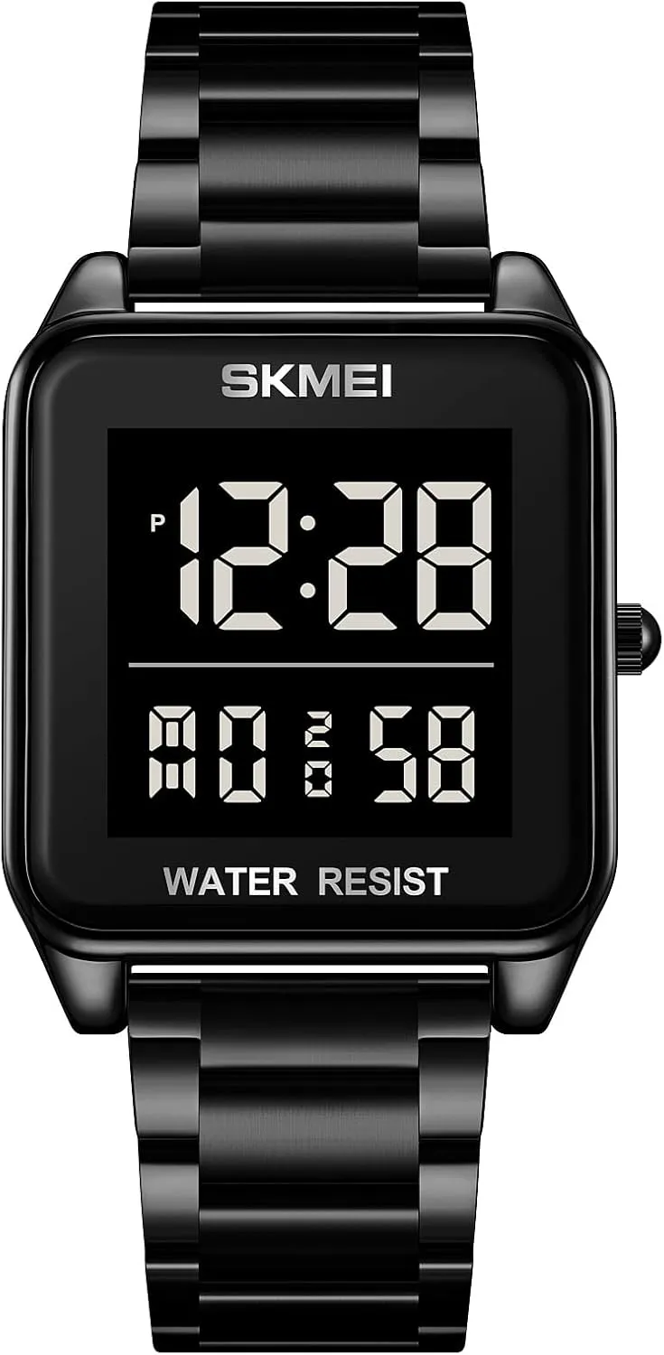 FANMIS Men's Electronic Square Digital Sports Watch Multifunctional Sports Waterproof Watch Classics Business Dress Watch LED Backlight Stainless Steel Student Watch