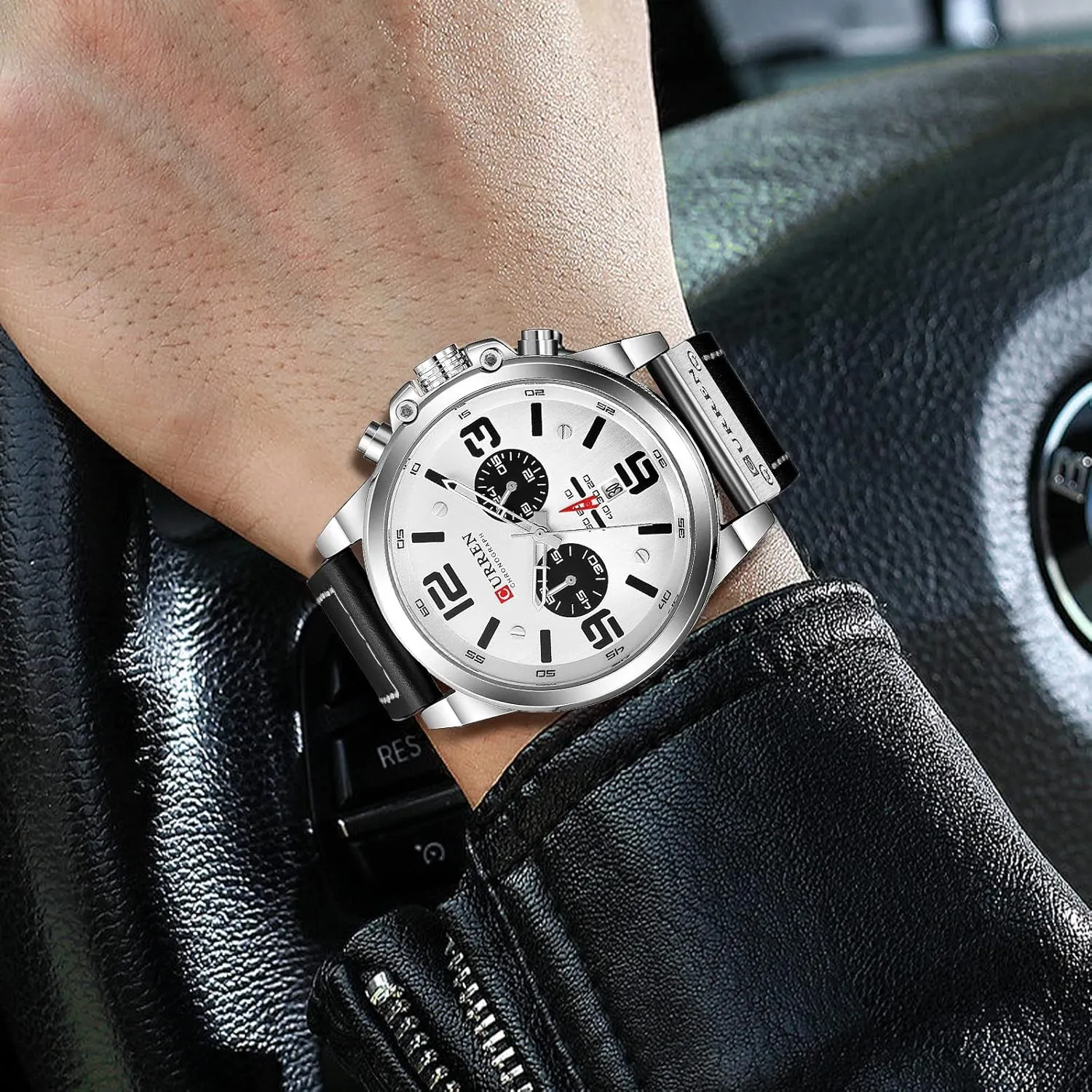 FANMIS Mens Sport Military Analog Quartz Watch Classic Chronograph Sandwich Dial Business Dress Waterproof Watch Multifunctional Wristwatch with Leather Strap