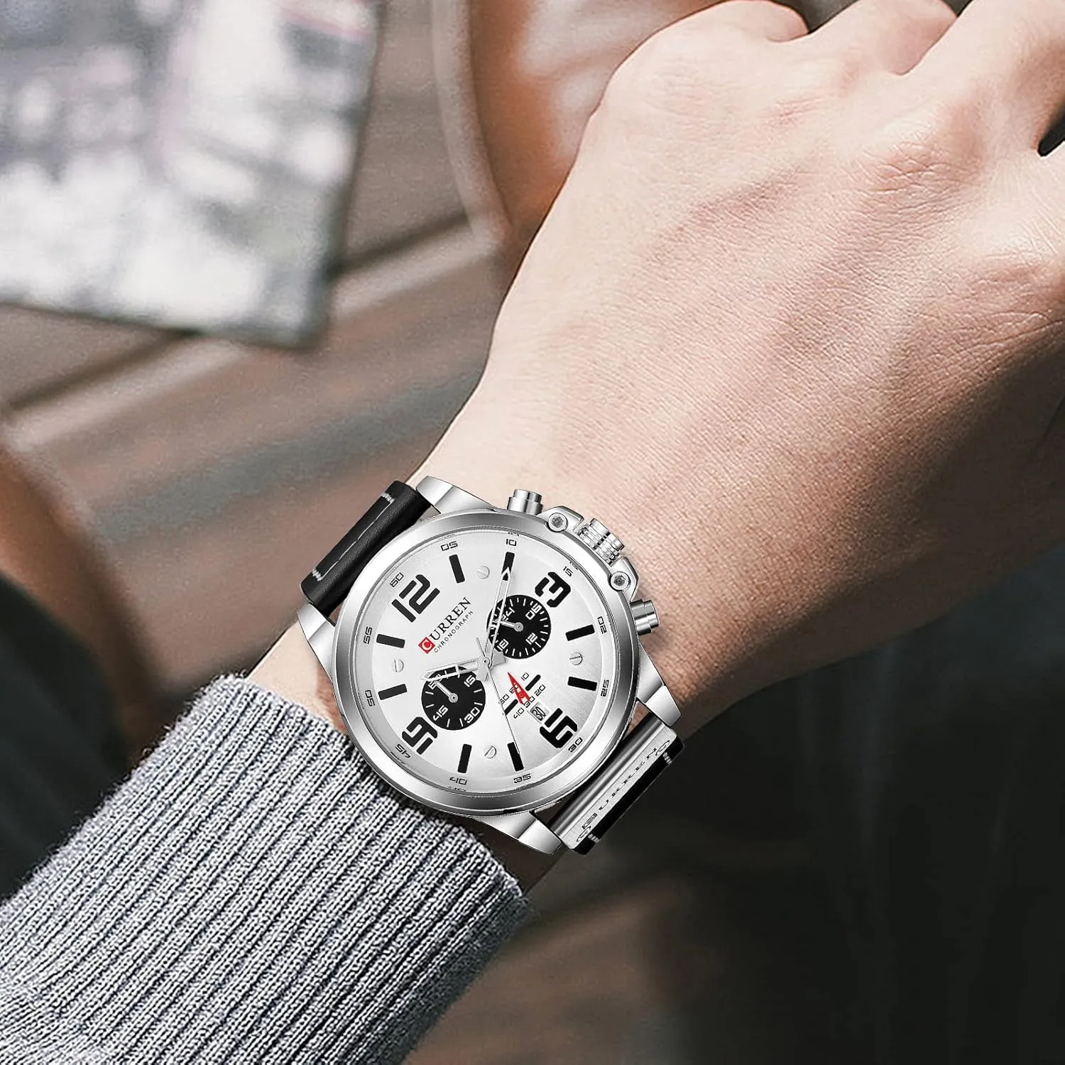 FANMIS Mens Sport Military Analog Quartz Watch Classic Chronograph Sandwich Dial Business Dress Waterproof Watch Multifunctional Wristwatch with Leather Strap