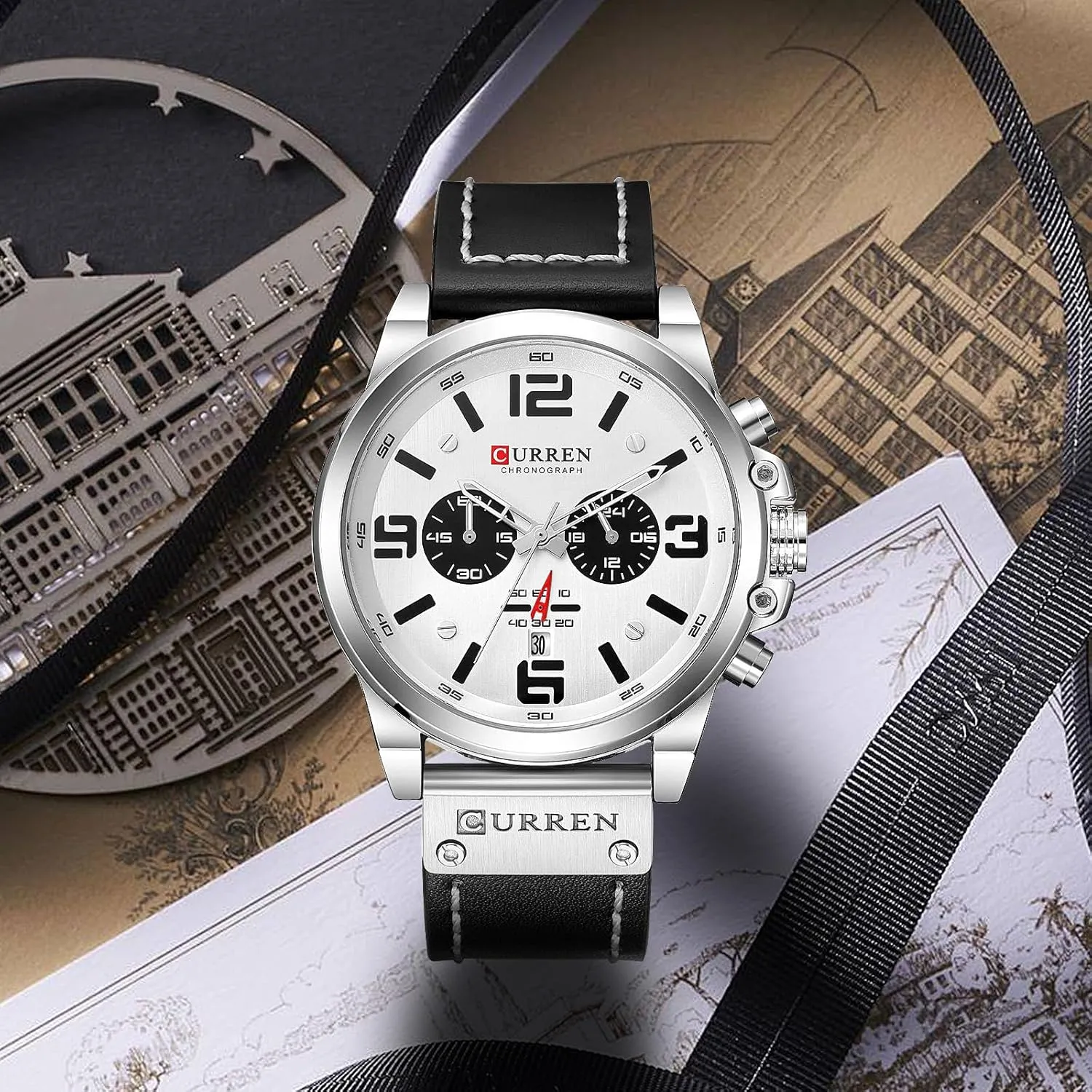 FANMIS Mens Sport Military Analog Quartz Watch Classic Chronograph Sandwich Dial Business Dress Waterproof Watch Multifunctional Wristwatch with Leather Strap