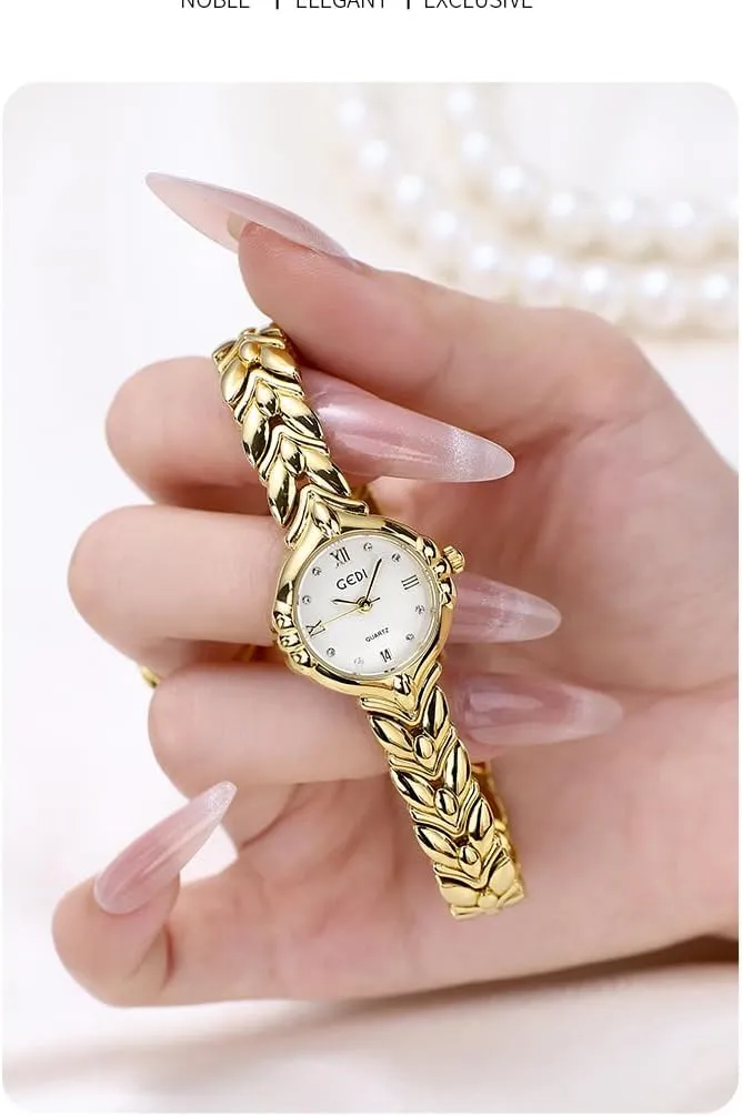 FANMIS Women's Gold Tone Bracelet Watches, Elegant Dress Wristwatch with Quartz Movement Waterproof Ladies Watch, Small Round Dial Analog Watch with Date Display