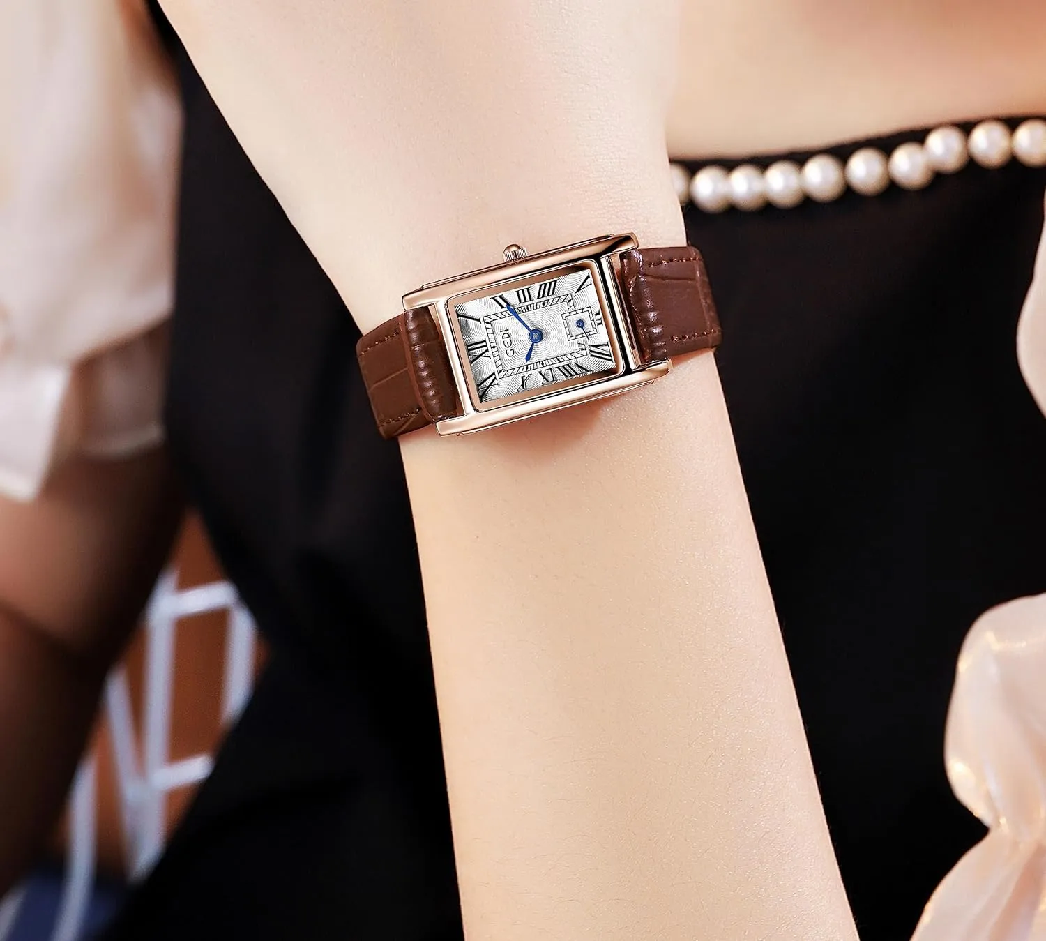 FANMIS Womens Watches Rose Gold Case Roman Numeral Luxury Wristwatch Square Brown Leather Strap Watch