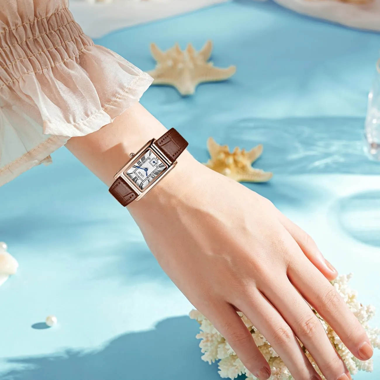 FANMIS Womens Watches Rose Gold Case Roman Numeral Luxury Wristwatch Square Brown Leather Strap Watch