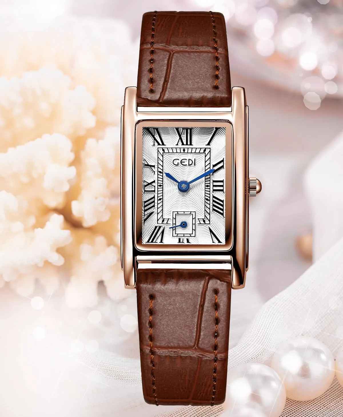 FANMIS Womens Watches Rose Gold Case Roman Numeral Luxury Wristwatch Square Brown Leather Strap Watch