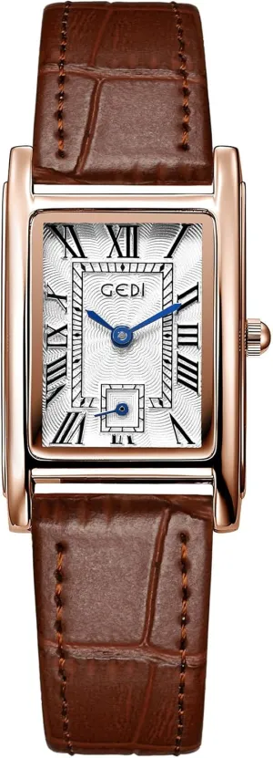 FANMIS Womens Watches Rose Gold Case Roman Numeral Luxury Wristwatch Square Brown Leather Strap Watch
