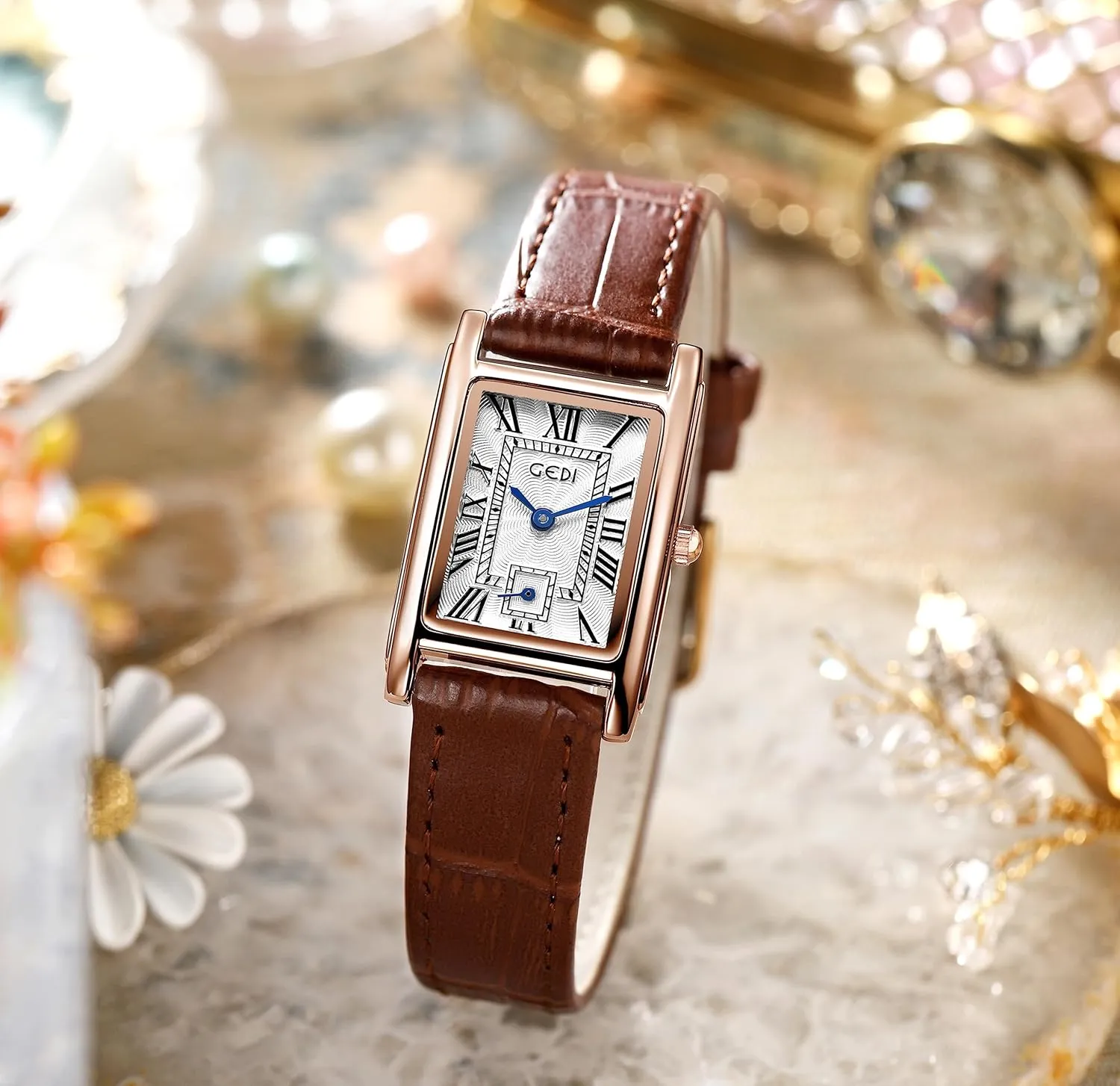 FANMIS Womens Watches Rose Gold Case Roman Numeral Luxury Wristwatch Square Brown Leather Strap Watch