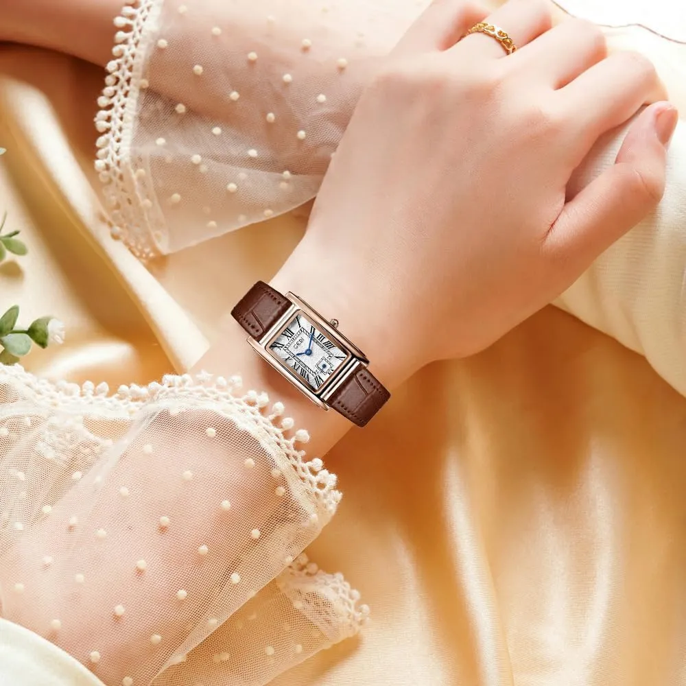 FANMIS Womens Watches Rose Gold Case Roman Numeral Luxury Wristwatch Square Brown Leather Strap Watch