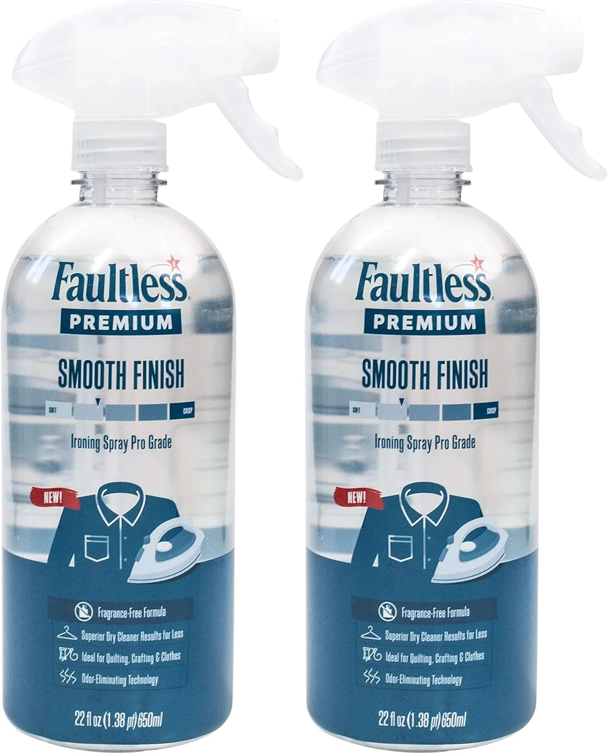 FAULTLESS Spray Starch Smooth Finish 22 Oz, 2 Pack Trigger Pump Liquid Starch for Ironing, Non-Aerosol Spray on Starch, Reduces Ironing Time, No Flaking, Sticking or Clogging, Biodegradable Ingredients, Recyclable