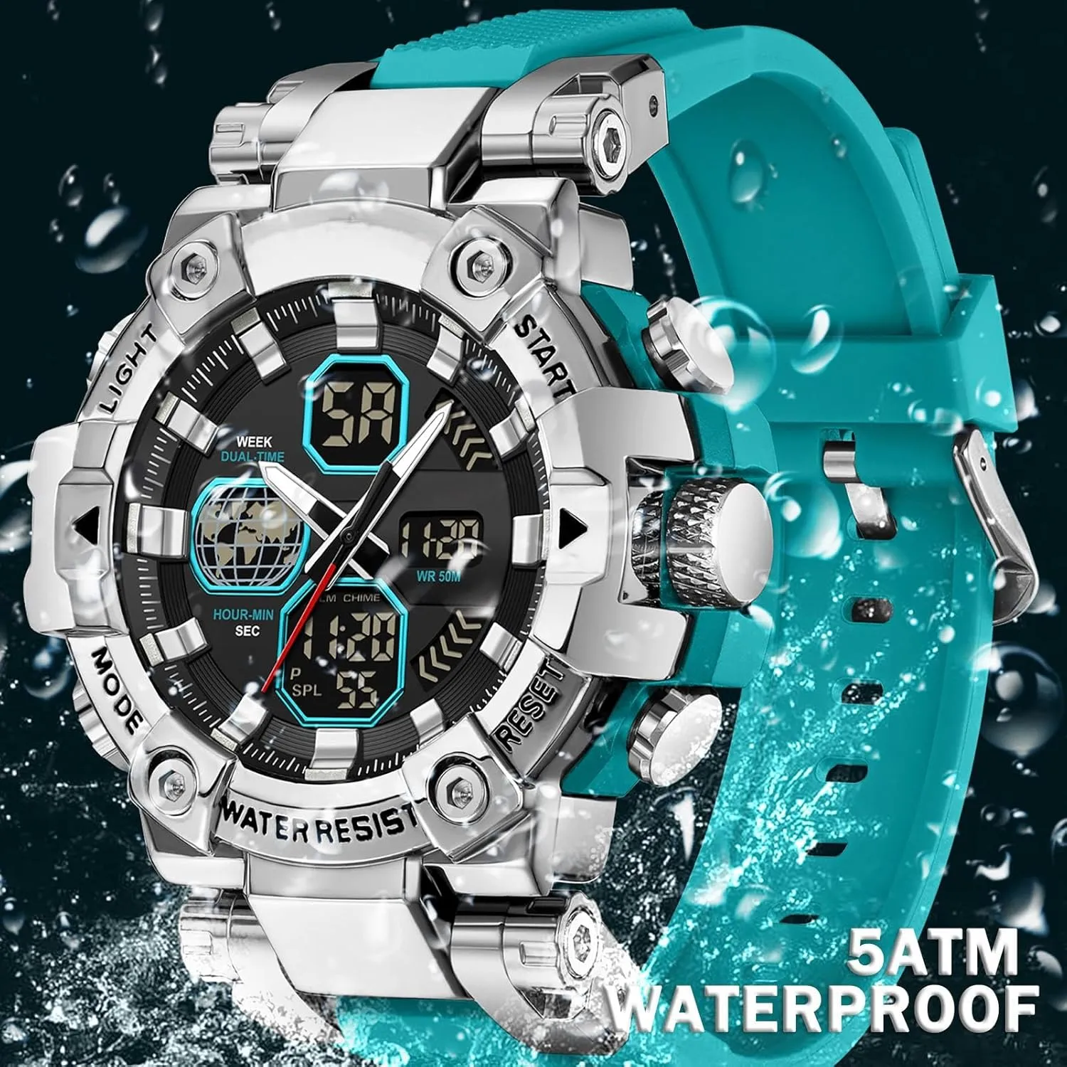 findtime Relojes para Hombres Watches for Men Blue Mens Watches Waterproof Military Tactical Sport Running Digital Analog Stopwatch