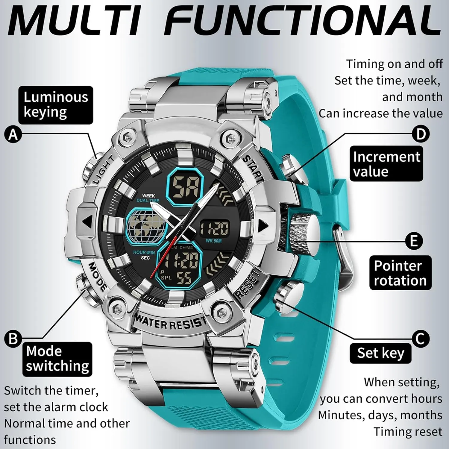 findtime Relojes para Hombres Watches for Men Blue Mens Watches Waterproof Military Tactical Sport Running Digital Analog Stopwatch