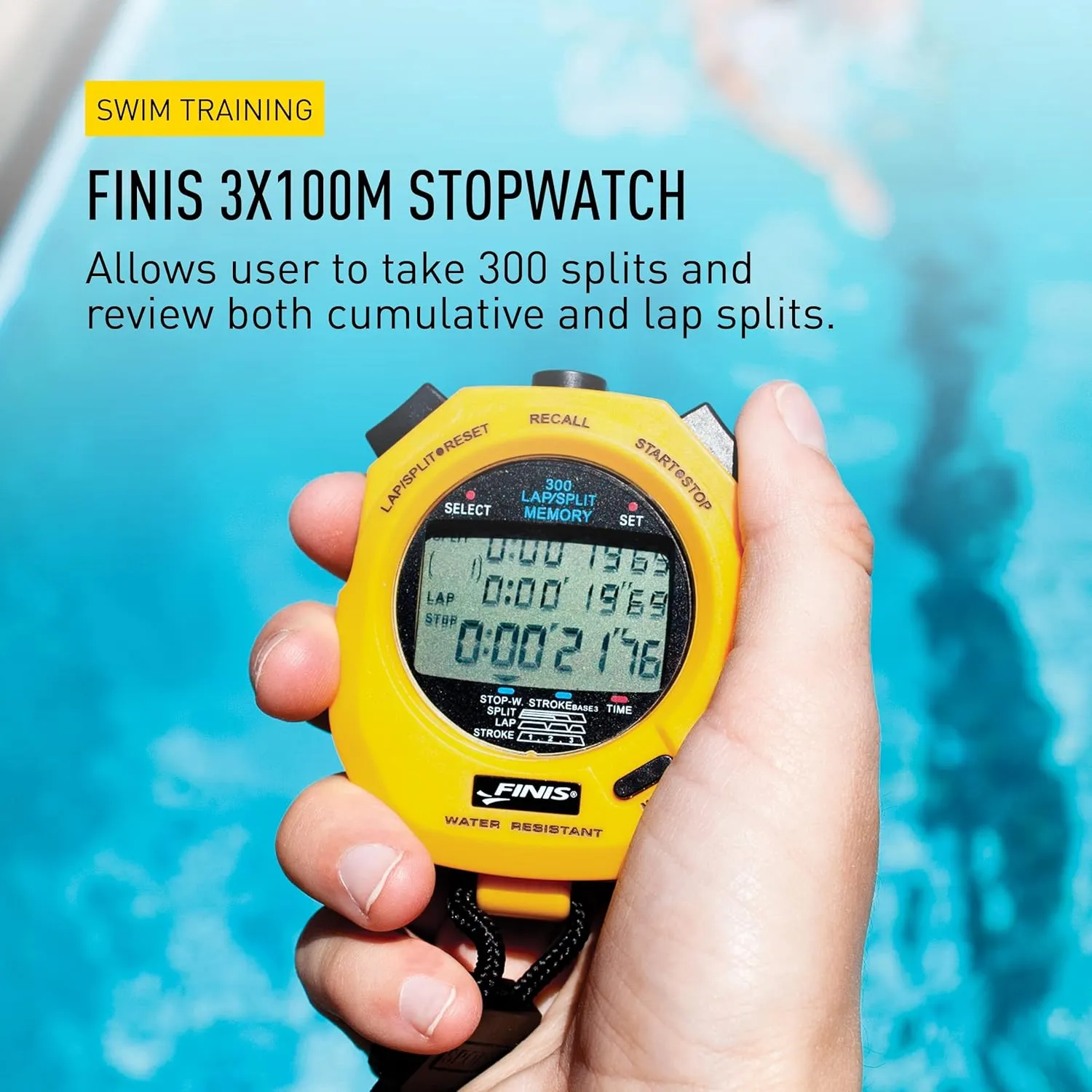 FINIS Waterproof Stopwatch for Swim Training - 300 Split Memory - Stroke Rate Mode - Easy-Read Display