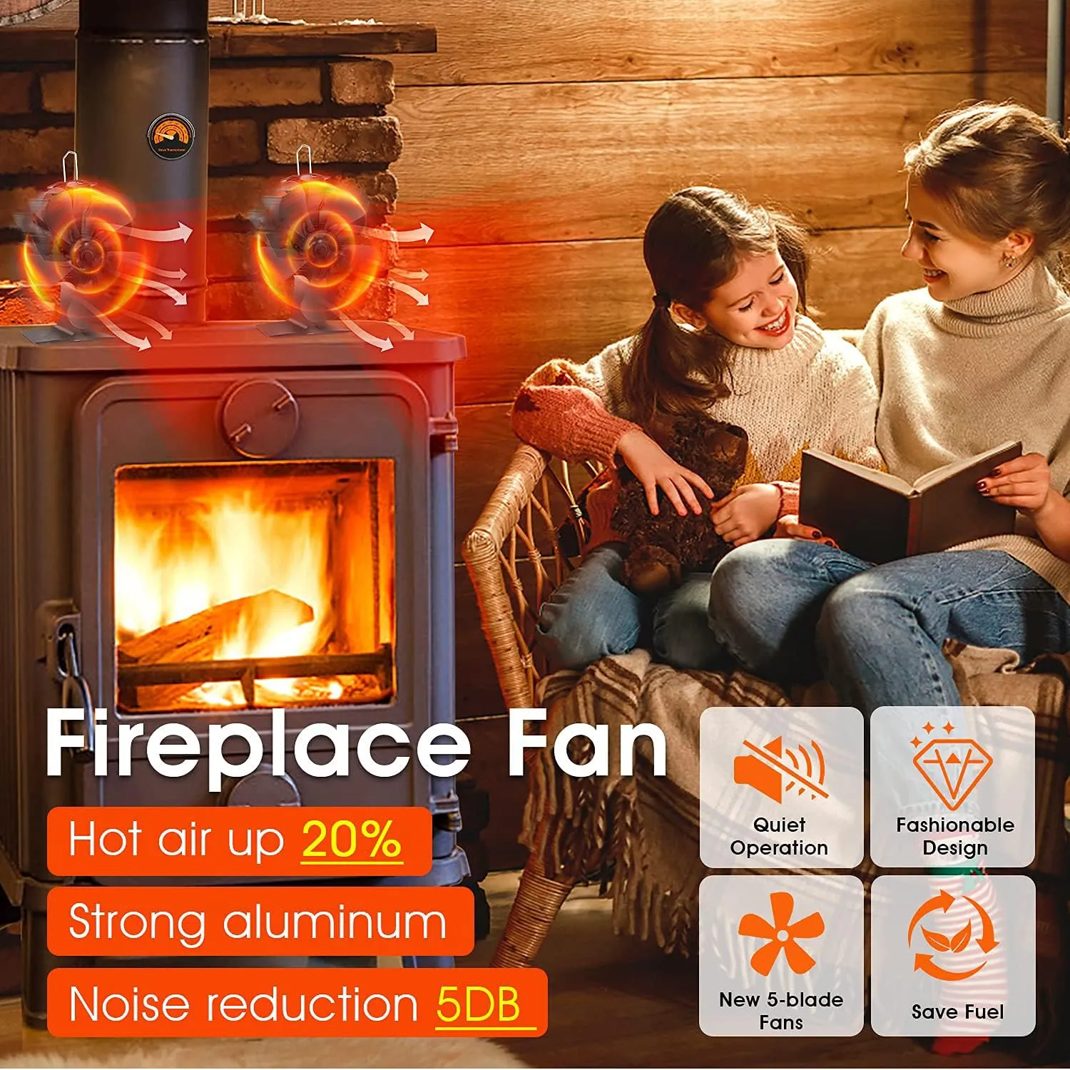 Fireplace Fans, 5 Blades Heat Powered Stove Fan, Wood Stove Fans for Stoves & Fireplaces Silent Heat Powered Fireplace Fan,No Electricity Required for Wood/Log Burner/Fireplace Efficient Heat Distribution Fan