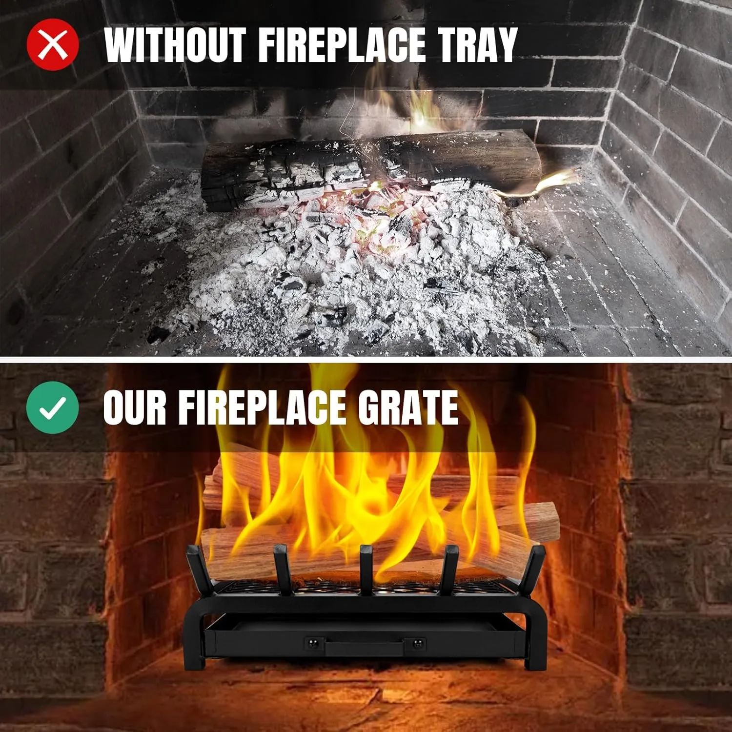 Fireplace Grate 17 Inch- Wood Stove Fireplace Log Grates Set with Ember & Ash Trays Pan, Heavy Duty Wrought Cast Iron Rack Holder Pit for Indoor Outdoor Chimney Hearth