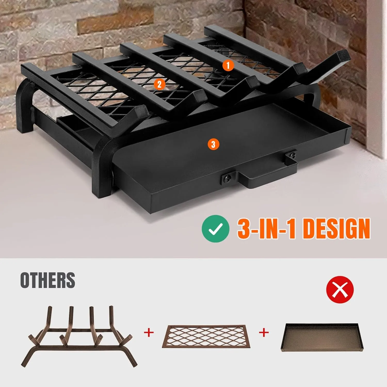 Fireplace Grate 17 Inch- Wood Stove Fireplace Log Grates Set with Ember & Ash Trays Pan, Heavy Duty Wrought Cast Iron Rack Holder Pit for Indoor Outdoor Chimney Hearth