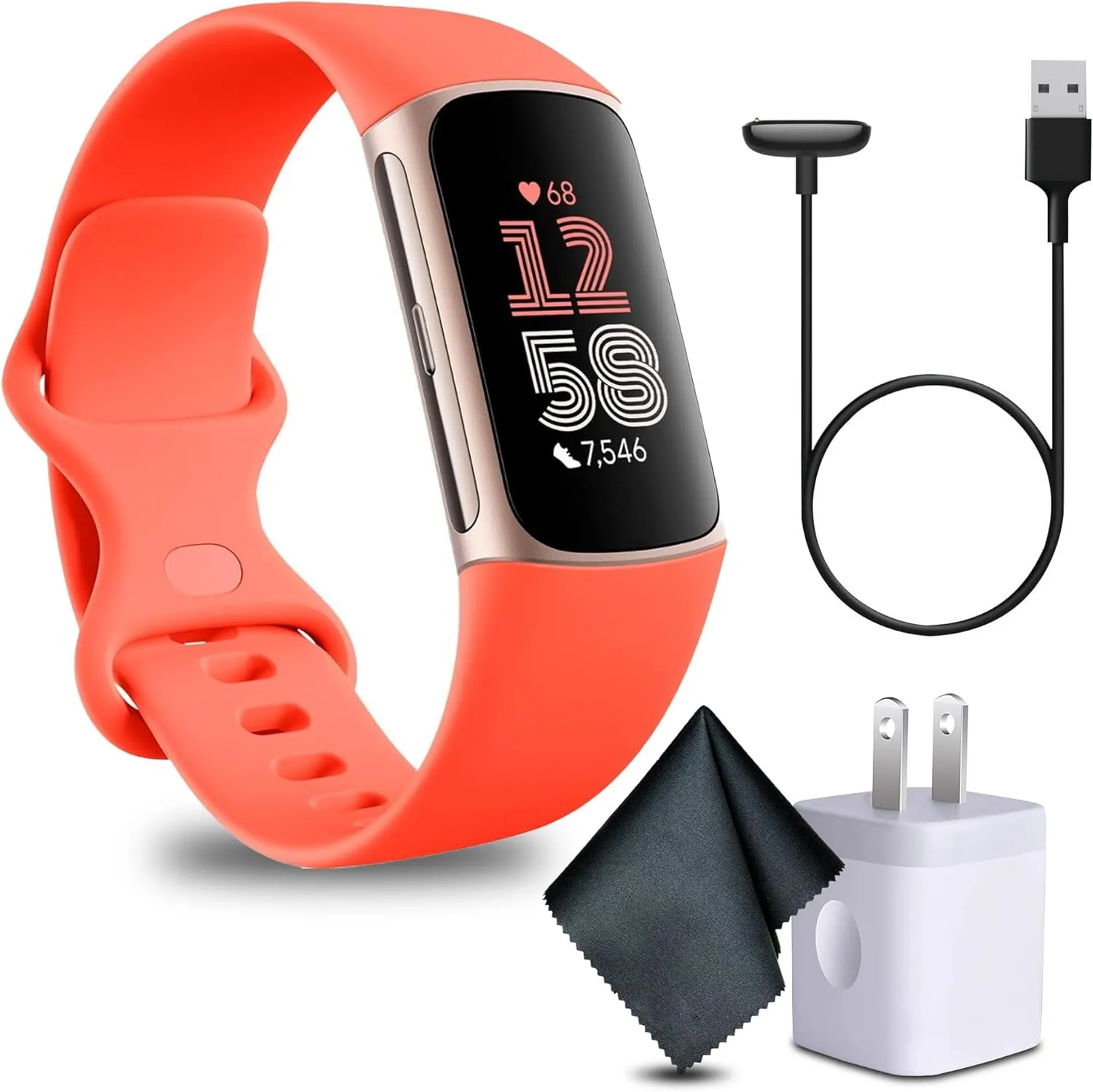 Fitbit Charge 6 Fitness Tracker Smartwatch with Heart Rate, GPS, Health Tools - Fit Bit Smart Watch for Men and Women, Gold Case w/Coral Bundle with Cleaning Cloth and Charger