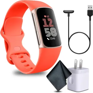 Fitbit Charge 6 Fitness Tracker Smartwatch with Heart Rate, GPS, Health Tools - Fit Bit Smart Watch for Men and Women, Gold Case w/Coral Bundle with Cleaning Cloth and Charger