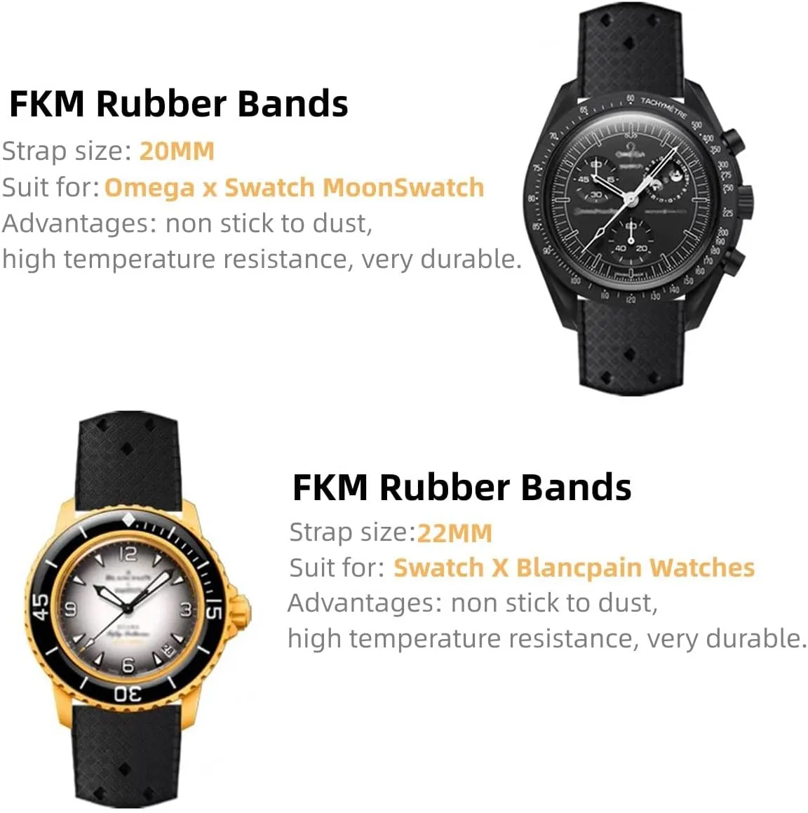 FKM Rubber Watch Bands Quick Release Tropical Style Fluororubber 18mm 20mm 22mm Replacement Soft Breathable Durable FKM Rubber Sport Diving Watchbands Straps for Omega X Swatch X Blancpain