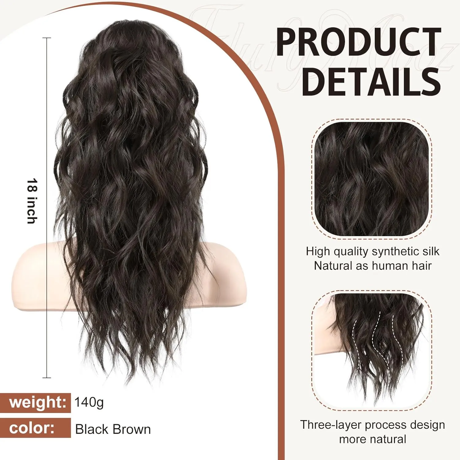 FLUFYMOOZ Ponytail Extension, 18 Inch Claw Clip Ponytail Extension, Wavy Curly Claw Clip in Ponytail Hair Extensions, Natural Fake Ponytail Synthetic Hairpiece for Women (Black Brown)