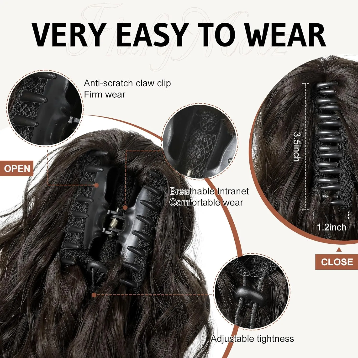 FLUFYMOOZ Ponytail Extension, 18 Inch Claw Clip Ponytail Extension, Wavy Curly Claw Clip in Ponytail Hair Extensions, Natural Fake Ponytail Synthetic Hairpiece for Women (Black Brown)