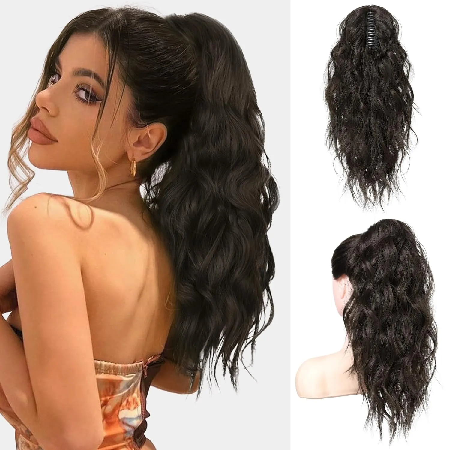 FLUFYMOOZ Ponytail Extension, 18 Inch Claw Clip Ponytail Extension, Wavy Curly Claw Clip in Ponytail Hair Extensions, Natural Fake Ponytail Synthetic Hairpiece for Women (Black Brown)