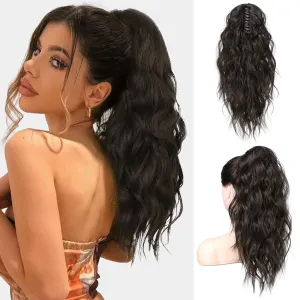 FLUFYMOOZ Ponytail Extension, 18 Inch Claw Clip Ponytail Extension, Wavy Curly Claw Clip in Ponytail Hair Extensions, Natural Fake Ponytail Synthetic Hairpiece for Women (Black Brown)