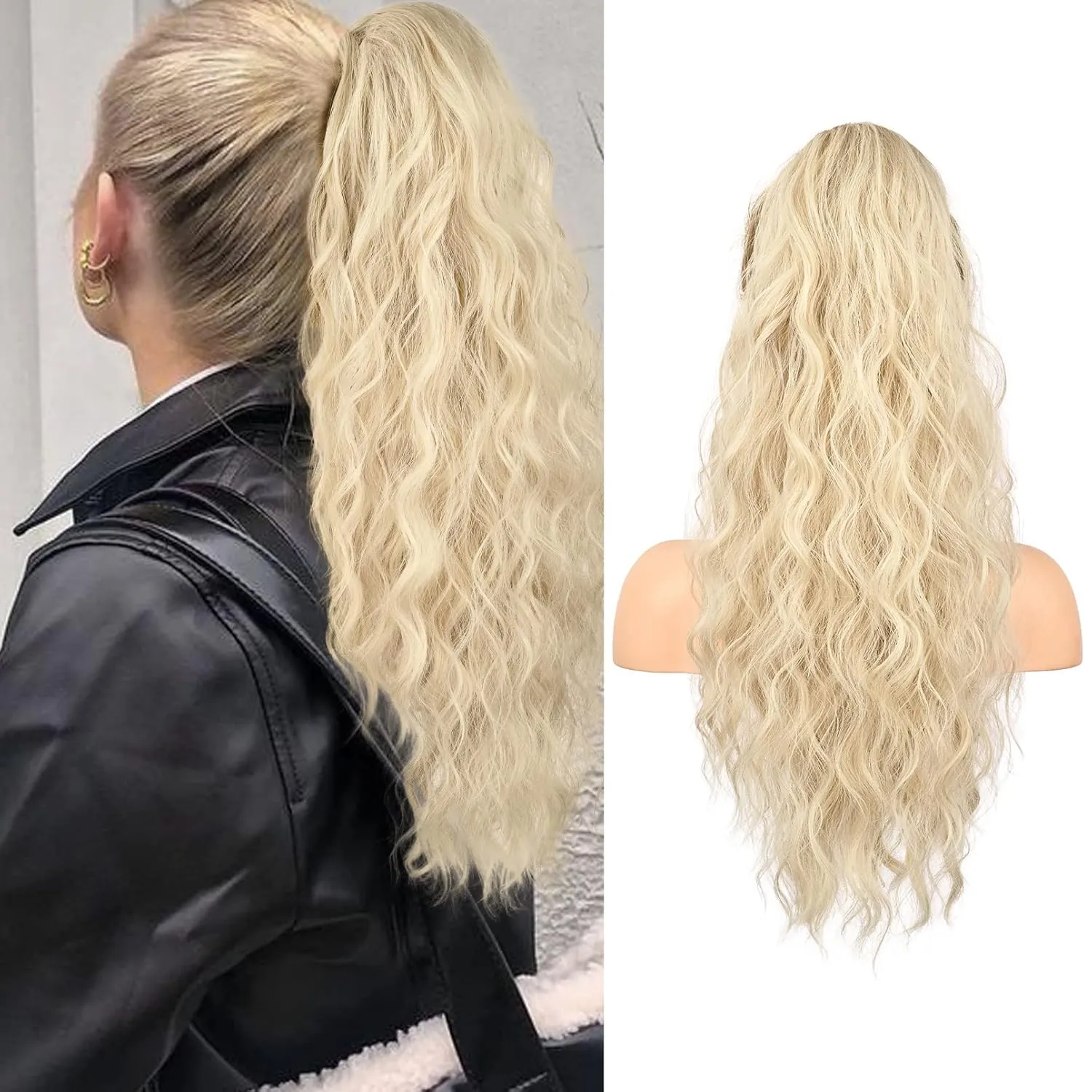 Flufymooz Ponytail Extension, 22 Inch Drawstring Ponytail Hair Extensions for Women， Long Curly Wavy Pony Tail Natural Wavy Synthetic Hairpiece for Women Daily Use party (22 Inch Cool Blonde)