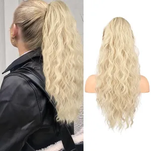 Flufymooz Ponytail Extension, 22 Inch Drawstring Ponytail Hair Extensions for Women， Long Curly Wavy Pony Tail Natural Wavy Synthetic Hairpiece for Women Daily Use party (22 Inch Cool Blonde)