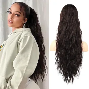 Flufymooz Ponytail Extension, 26 Inch Drawstring Ponytail Hair Extensions for Women， Long Curly Wavy Pony Tail Natural Wavy Synthetic Hairpiece for Women Daily Use party (26 Inch Black Brown)