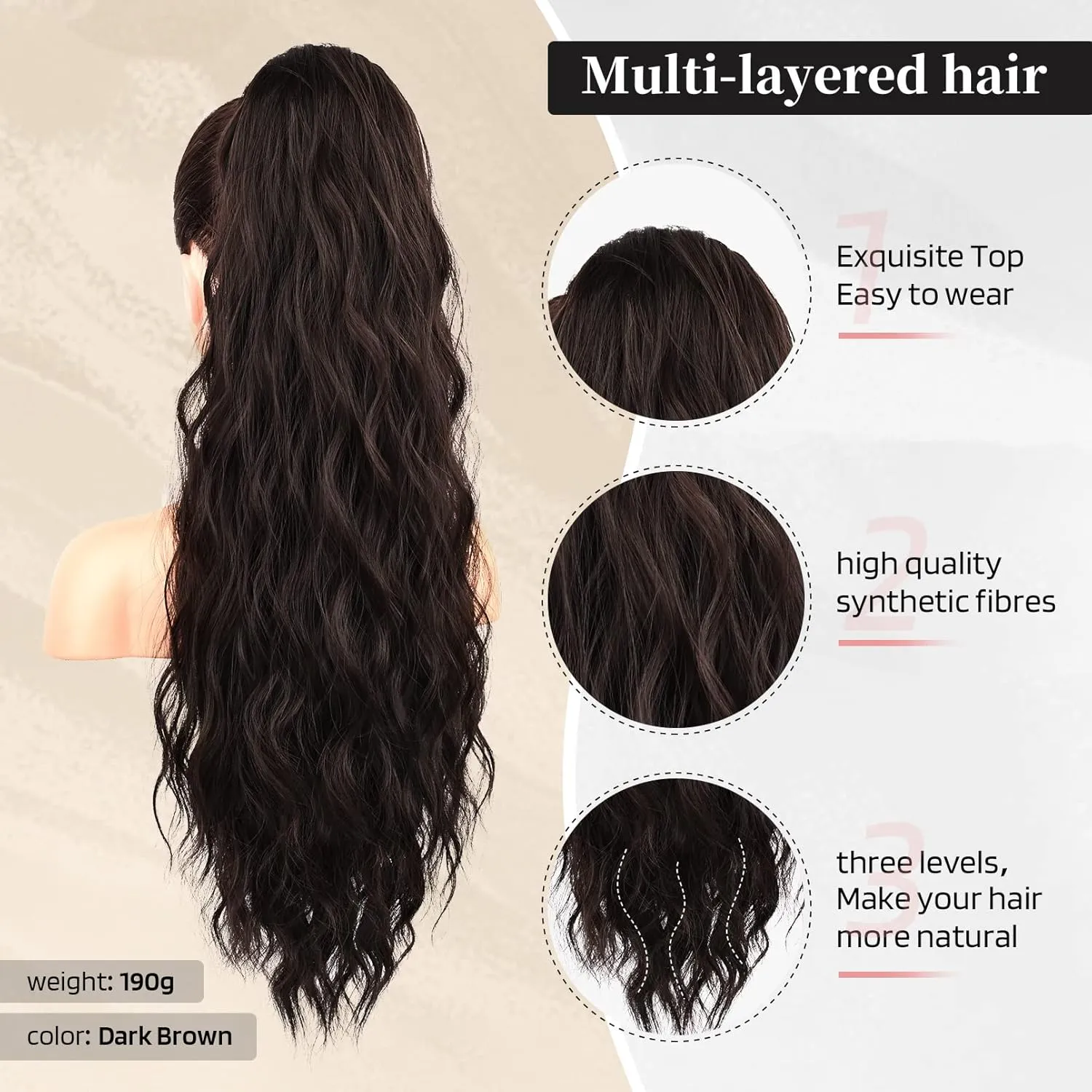 Flufymooz Ponytail Extension, 26 Inch Drawstring Ponytail Hair Extensions for Women， Long Curly Wavy Pony Tail Natural Wavy Synthetic Hairpiece for Women Daily Use party (26 Inch Black Brown)