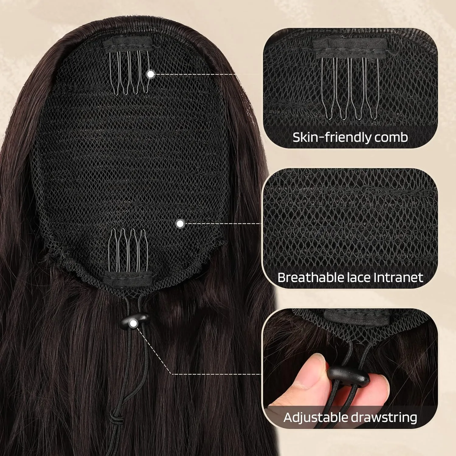 Flufymooz Ponytail Extension, 26 Inch Drawstring Ponytail Hair Extensions for Women， Long Curly Wavy Pony Tail Natural Wavy Synthetic Hairpiece for Women Daily Use party (26 Inch Black Brown)