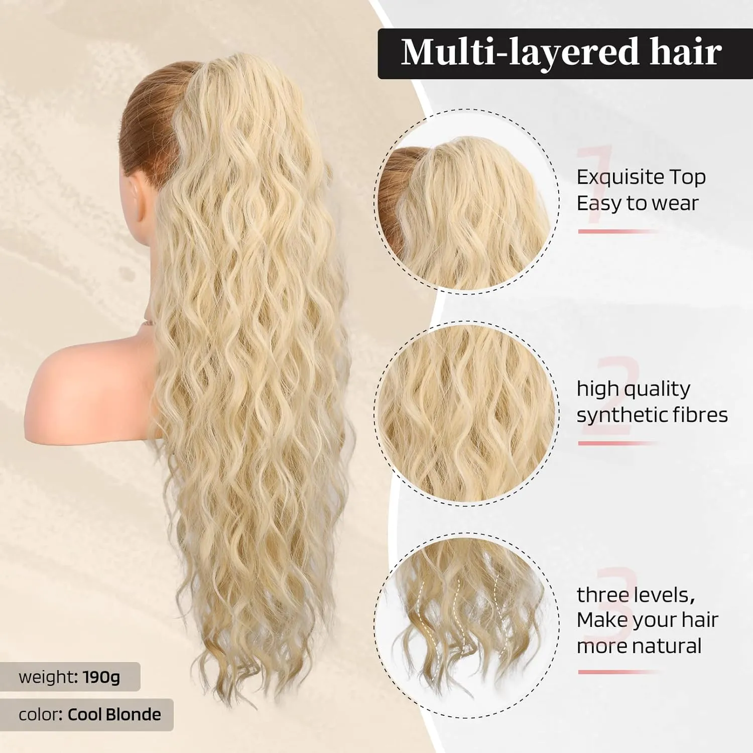 Flufymooz Ponytail Extension, 26 Inch Drawstring Ponytail Hair Extensions for Women， Long Curly Wavy Pony Tail Natural Wavy Synthetic Hairpiece for Women Daily Use party (26 Inch Cool Blonde)