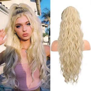 Flufymooz Ponytail Extension, 26 Inch Drawstring Ponytail Hair Extensions for Women， Long Curly Wavy Pony Tail Natural Wavy Synthetic Hairpiece for Women Daily Use party (26 Inch Cool Blonde)