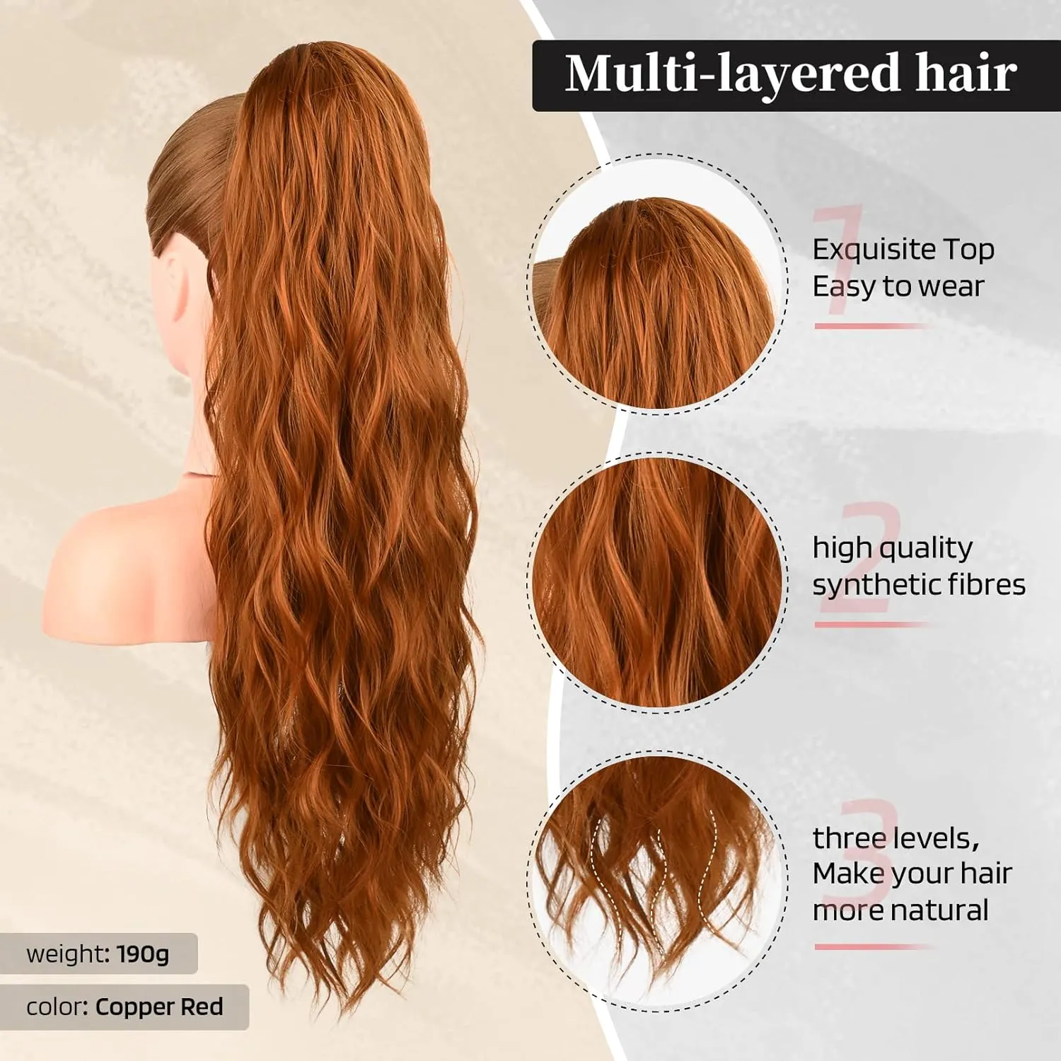 Flufymooz Ponytail Extension, 26 Inch Drawstring Ponytail Hair Extensions for Women， Long Curly Wavy Pony Tail Natural Wavy Synthetic Hairpiece for Women Daily Use party (26 Inch Copper Red)
