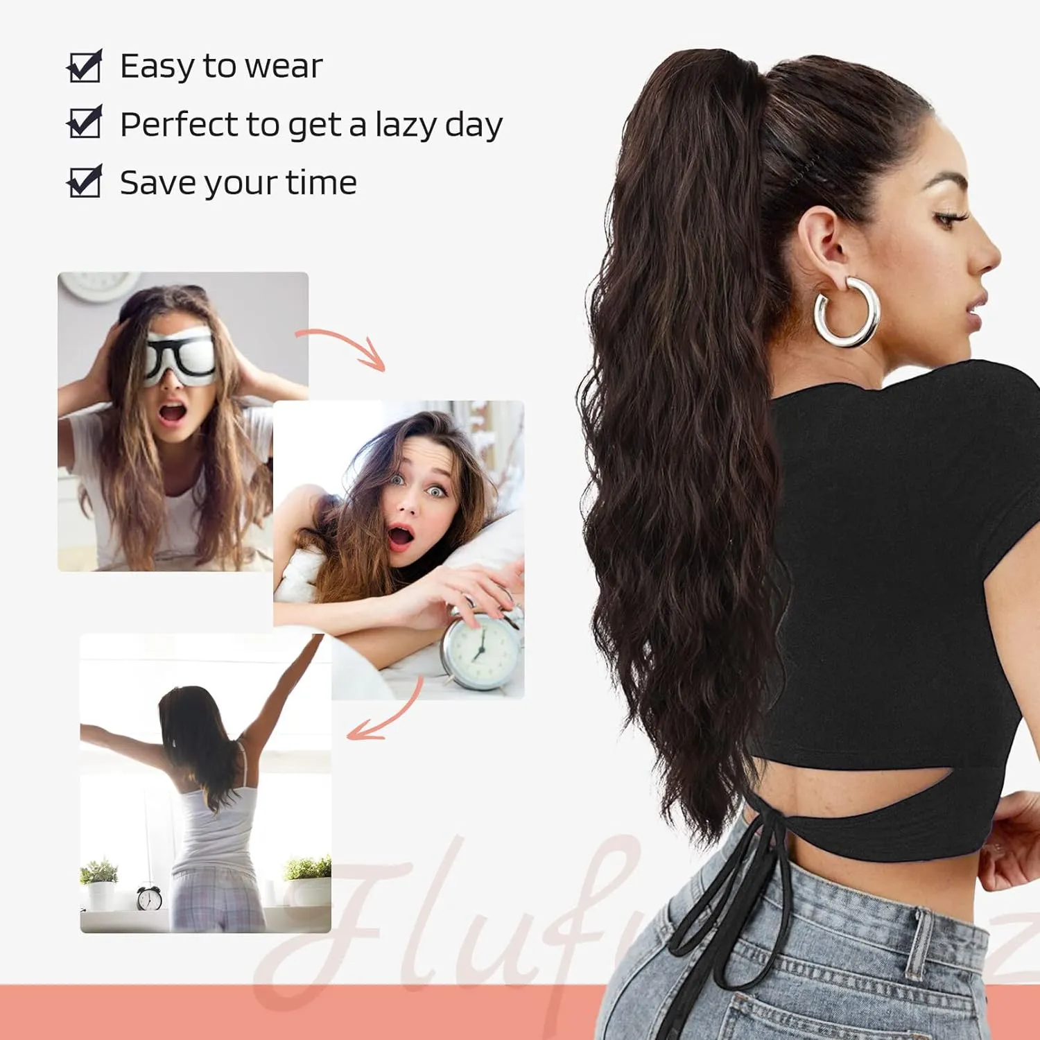 FLUFYMOOZ Ponytail Extension, 26 Inch Drawstring Ponytail Hair Extensions for Women， Long Curly Wavy Ponytail Natural Synthetic Hairpiece for Women (26" Deep Brown with Dirty Blonde)