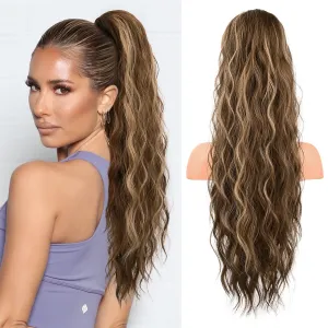 FLUFYMOOZ Ponytail Extension, 26 Inch Drawstring Ponytail Hair Extensions for Women， Long Curly Wavy Ponytail Natural Synthetic Hairpiece for Women (26" Deep Brown with Dirty Blonde)