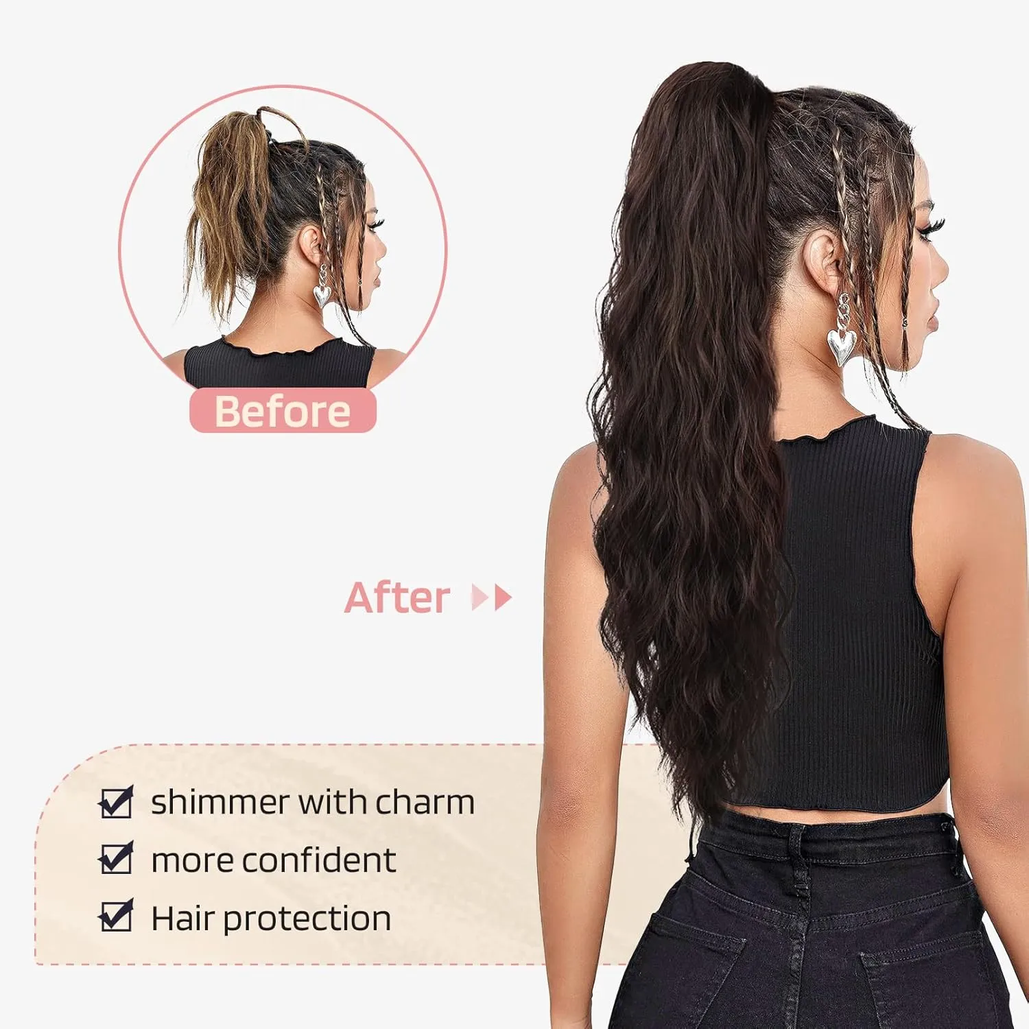 FLUFYMOOZ Ponytail Extension, 26 Inch Drawstring Ponytail Hair Extensions for Women， Long Curly Wavy Ponytail Natural Synthetic Hairpiece for Women (26" Deep Brown with Dirty Blonde)