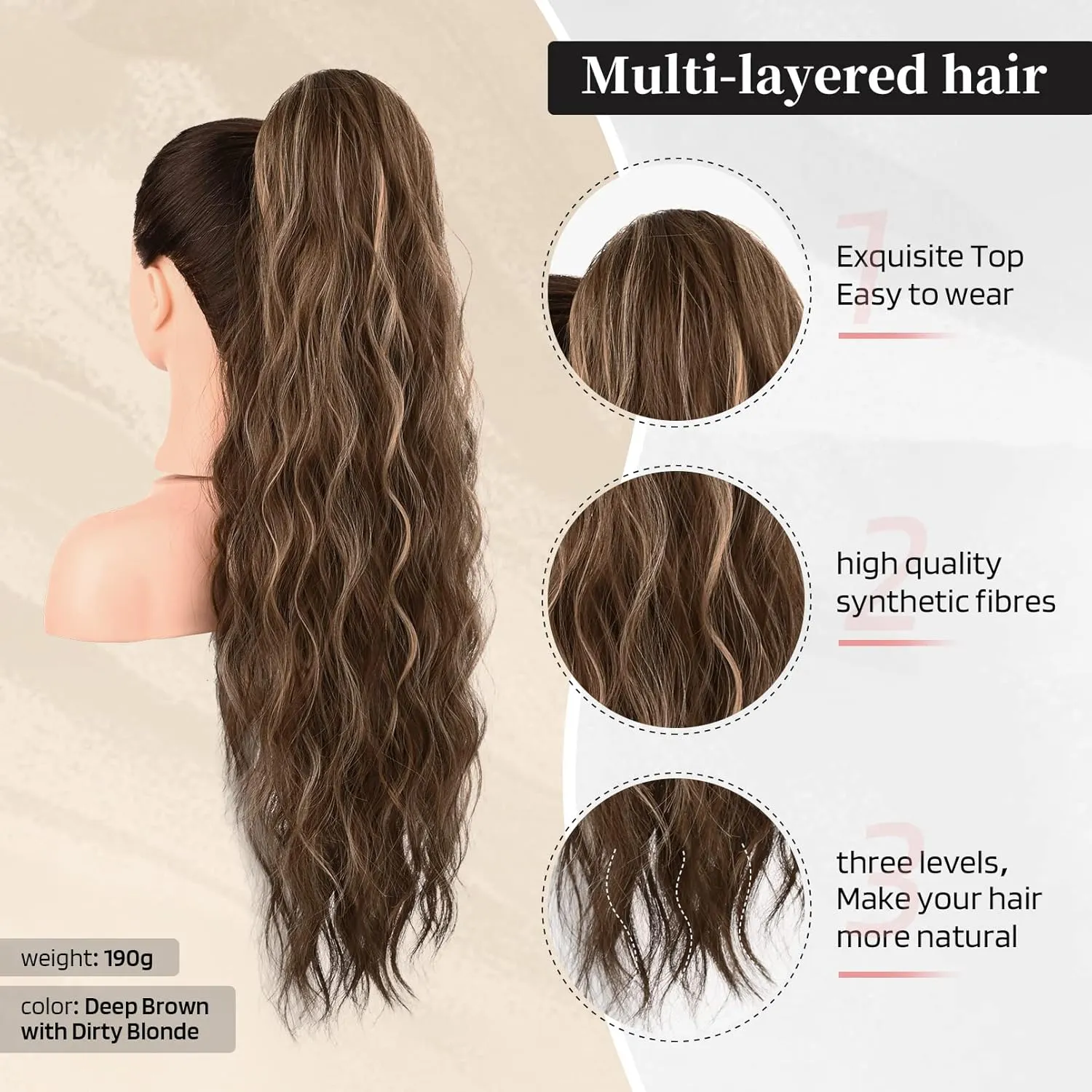 FLUFYMOOZ Ponytail Extension, 26 Inch Drawstring Ponytail Hair Extensions for Women， Long Curly Wavy Ponytail Natural Synthetic Hairpiece for Women (26" Deep Brown with Dirty Blonde)