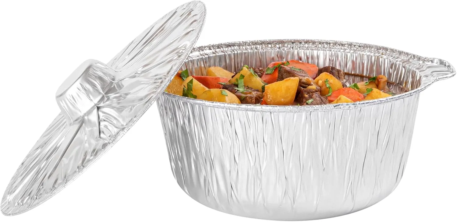Foil Lux 3.5 Quart Pans And Lids, 10 Disposable Pots With Lids - Oven-Ready, Stove Compatible, Aluminum Foil Baking Pans, Freezable, For Outdoor Camping, Vacation, Picnic, And More - Restaurantware