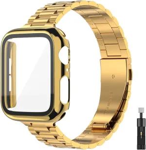 for Apple Watch Band Women 38mm 40mm 41mmm 42mm 44mm 45mm with Face Cover, Metal Stainless Steel for iwatch Band Series 9 8 7 6 5 4 3 2 1 SE.