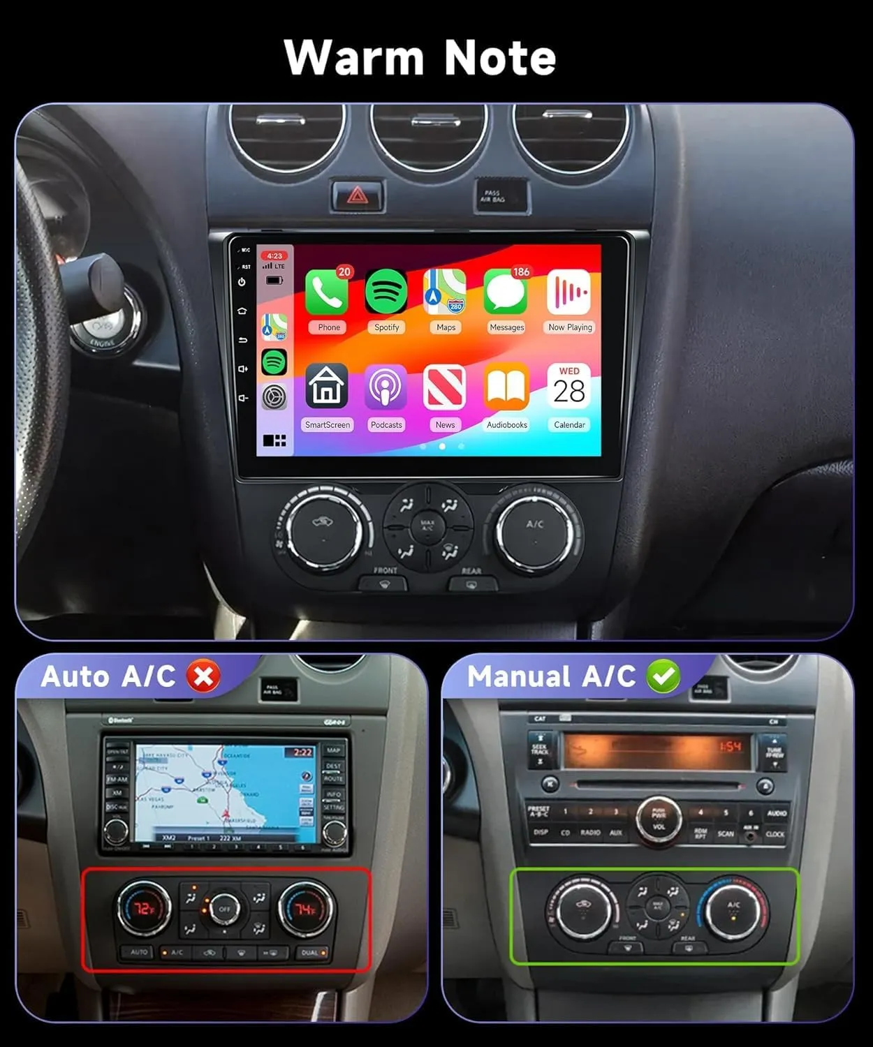 for Nissan Altima 2008-2012 Car Stereo Radio with Wireless Car Play Android Auto MirrorLink, 9 inch HD IPS Touch Screen GPS Navigation Head Unit Support Bluetooth WiFi Backup Camera Mic(Manual A/C)