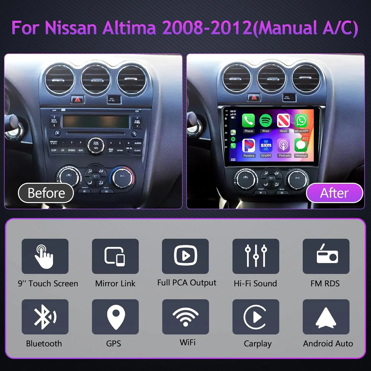for Nissan Altima 2008-2012 Car Stereo Radio with Wireless Car Play Android Auto MirrorLink, 9 inch HD IPS Touch Screen GPS Navigation Head Unit Support Bluetooth WiFi Backup Camera Mic(Manual A/C)