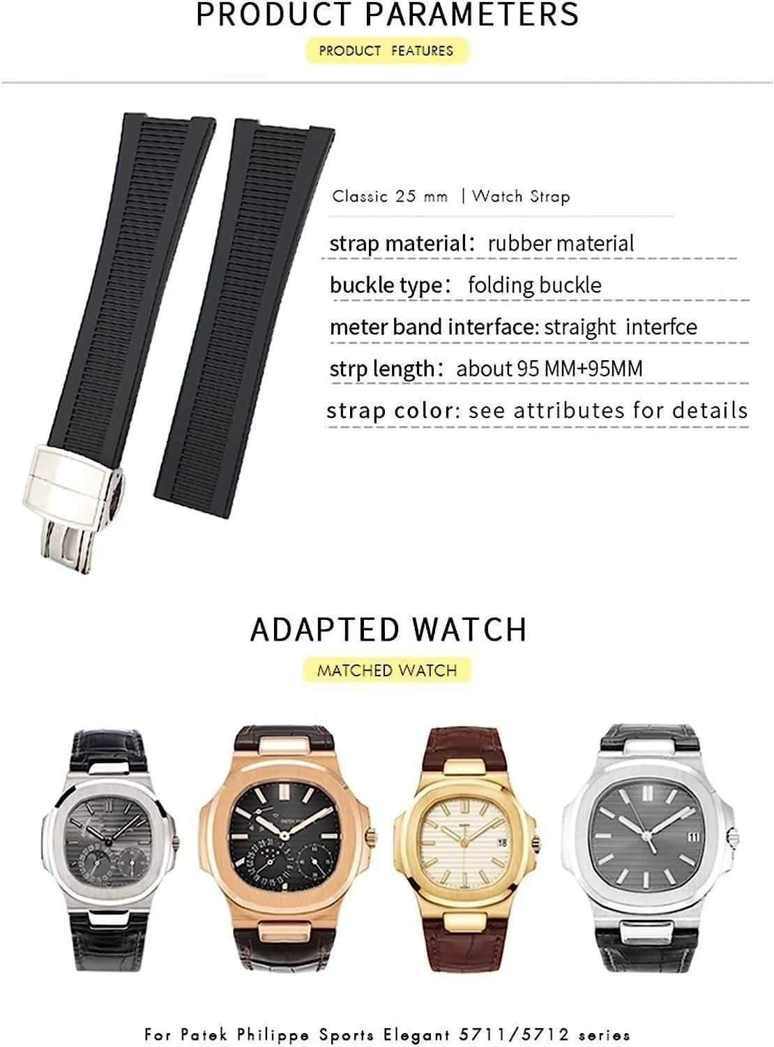 For PATEK PHILIPPE Notch Shape Rubber Silicone Watch Strap Waterproof Watch Bands Nautilus Men