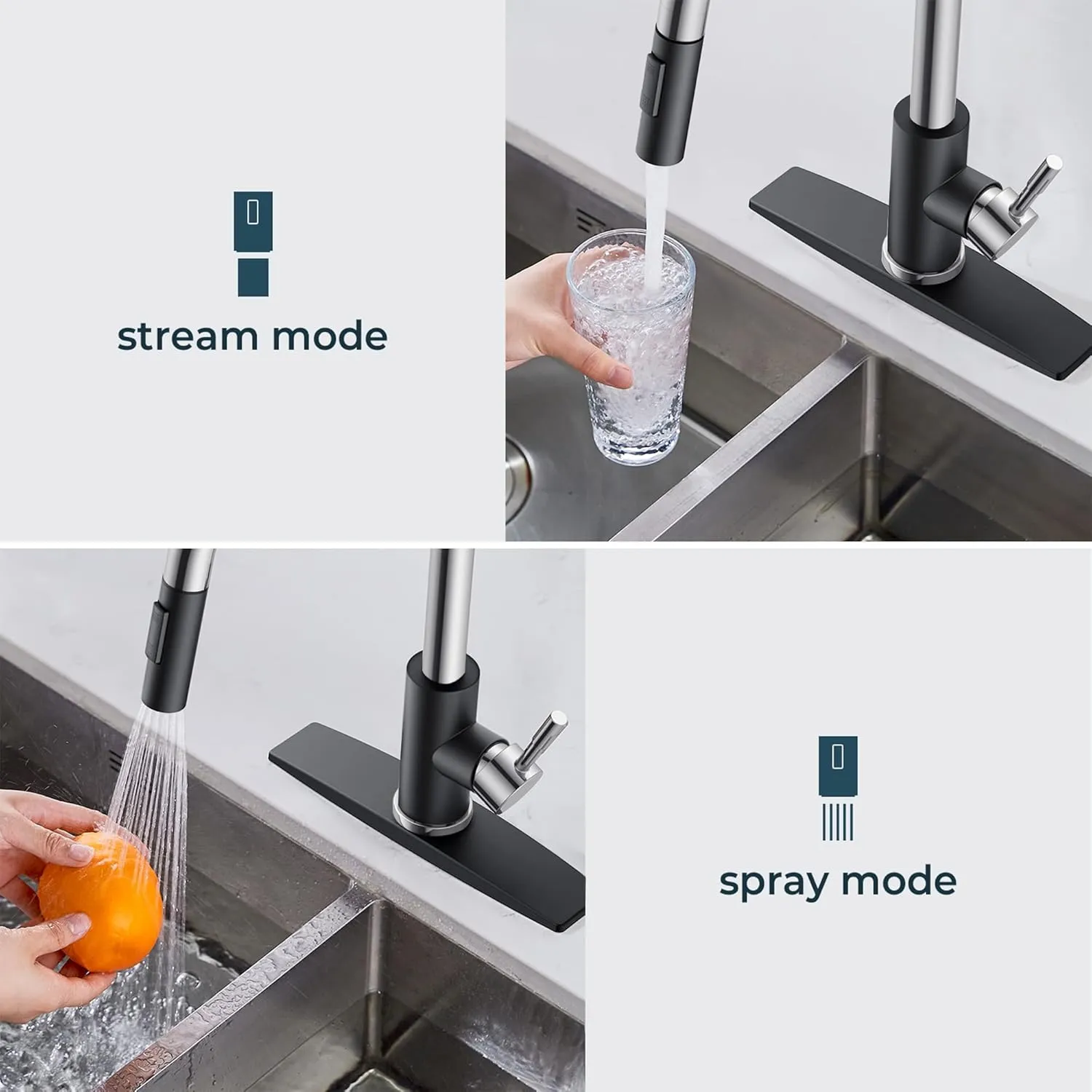 FORIOUS Kitchen Faucet with Pull Down Sprayer, High Arc Modern Classic Sink Faucet Stainless Steel with Deck Plate Fit for 1 or 3 Hole for Bar Farmhouse Laundry Rv, Black Chrome