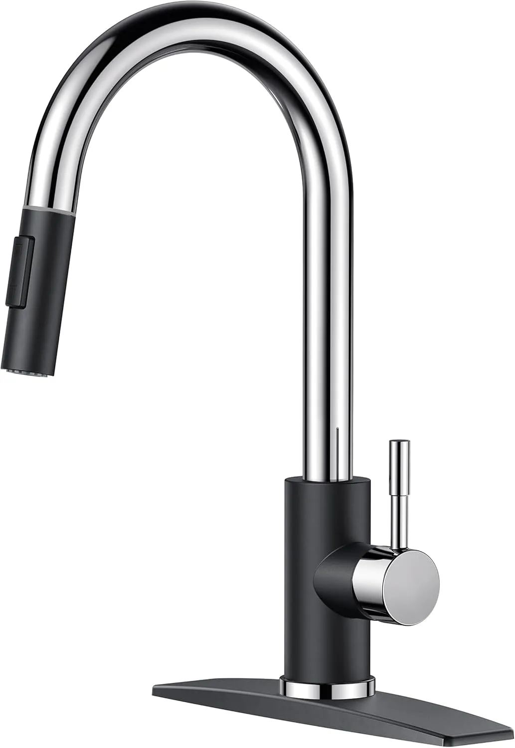 FORIOUS Kitchen Faucet with Pull Down Sprayer, High Arc Modern Classic Sink Faucet Stainless Steel with Deck Plate Fit for 1 or 3 Hole for Bar Farmhouse Laundry Rv, Black Chrome