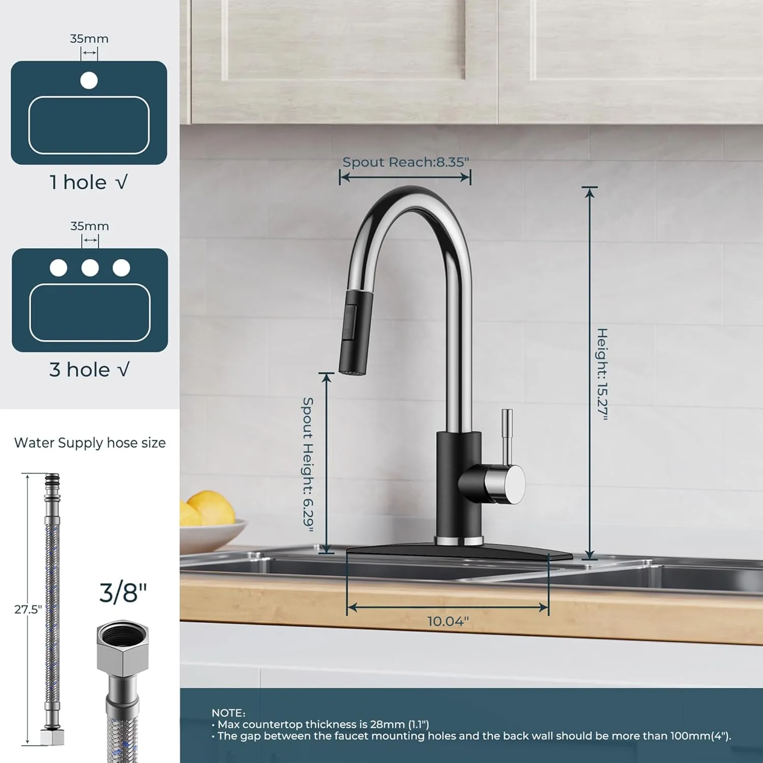 FORIOUS Kitchen Faucet with Pull Down Sprayer, High Arc Modern Classic Sink Faucet Stainless Steel with Deck Plate Fit for 1 or 3 Hole for Bar Farmhouse Laundry Rv, Black Chrome