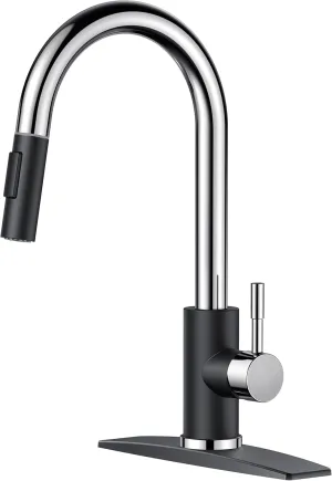 FORIOUS Kitchen Faucet with Pull Down Sprayer, High Arc Modern Classic Sink Faucet Stainless Steel with Deck Plate Fit for 1 or 3 Hole for Bar Farmhouse Laundry Rv, Black Chrome