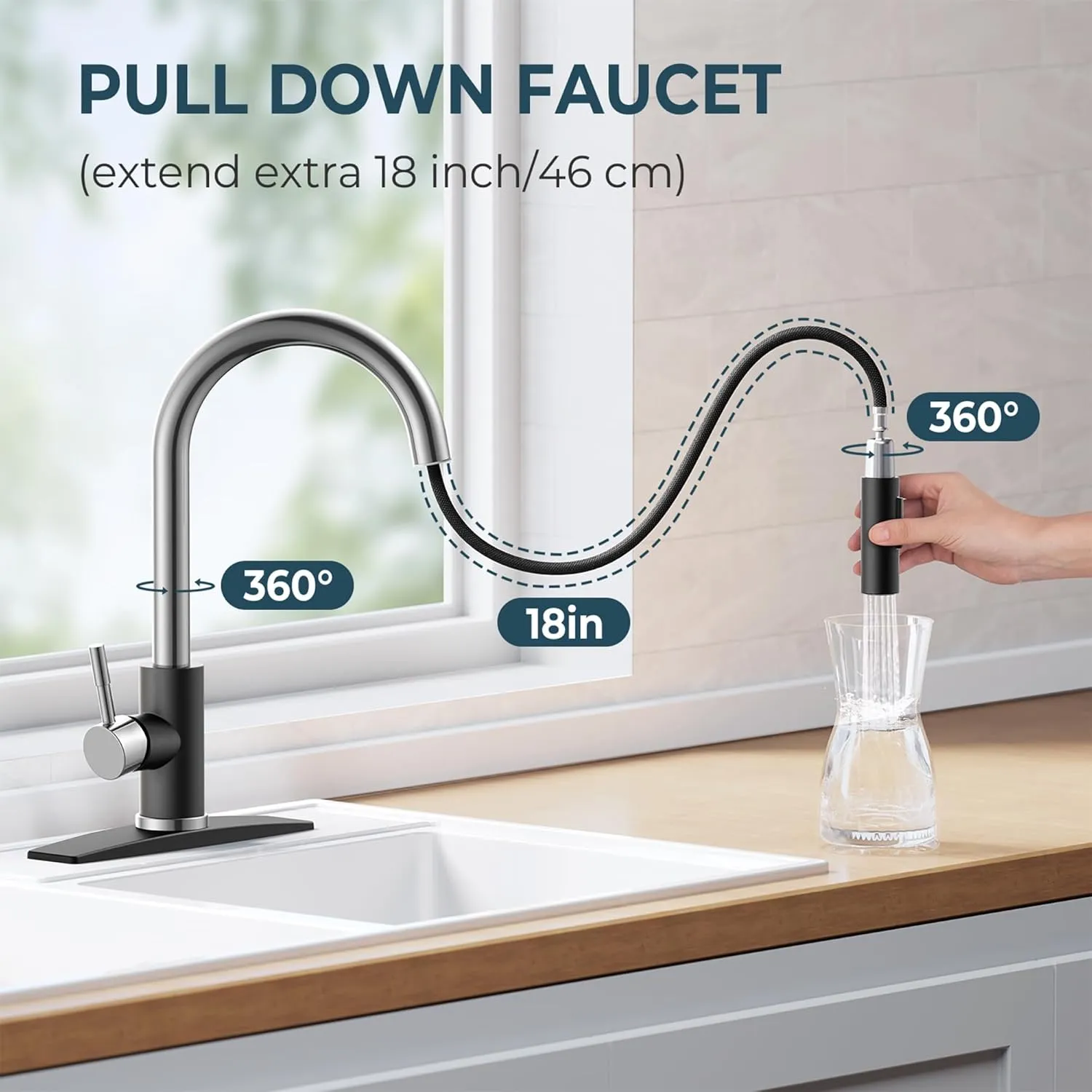 FORIOUS Kitchen Faucet with Pull Down Sprayer, High Arc Modern Classic Sink Faucet Stainless Steel with Deck Plate Fit for 1 or 3 Hole for Bar Farmhouse Laundry Rv, Black Chrome