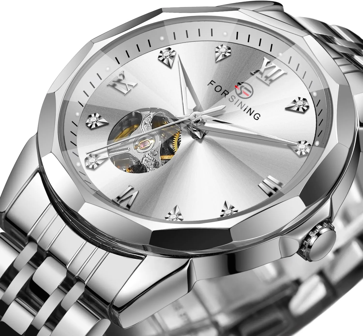 FORSINING Luxury Diamond Cut Design Case Automatic Mechanical Watch Fashion Diamond Studded Dial Skeleton Watch Tourbillon Casual Men Watch Date Day Ceremonial Dress Watch for Men