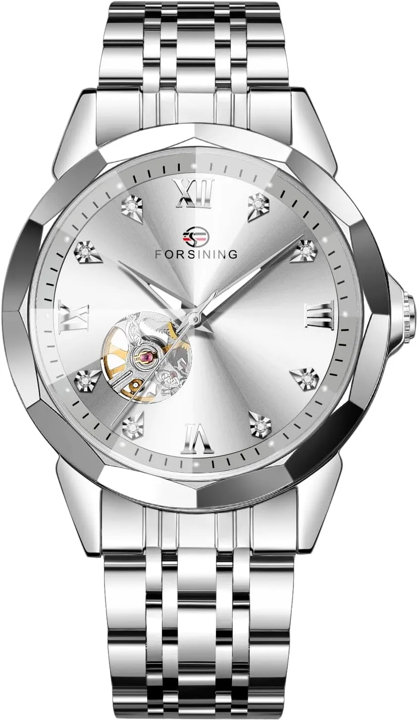 FORSINING Luxury Diamond Cut Design Case Automatic Mechanical Watch Fashion Diamond Studded Dial Skeleton Watch Tourbillon Casual Men Watch Date Day Ceremonial Dress Watch for Men